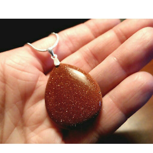 New GOLDSTONE Pendant & Silver Necklace Set 925 Rust Gold flecked jewelry Pretty - Picture 3 of 5